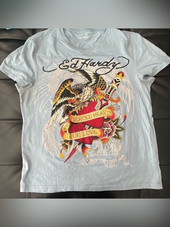 Ed Hardy Tops - Ed Hardy Women’s Light Blue Short-Sleeve Graphic Tee - Pierced Hearts Design